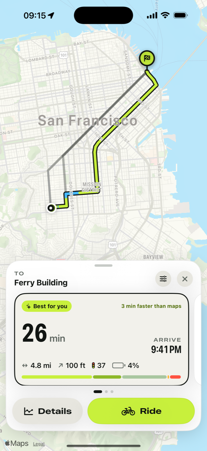 Pedalwise showing three routes across San Francisco with ride times, traffic lights and battery use.
